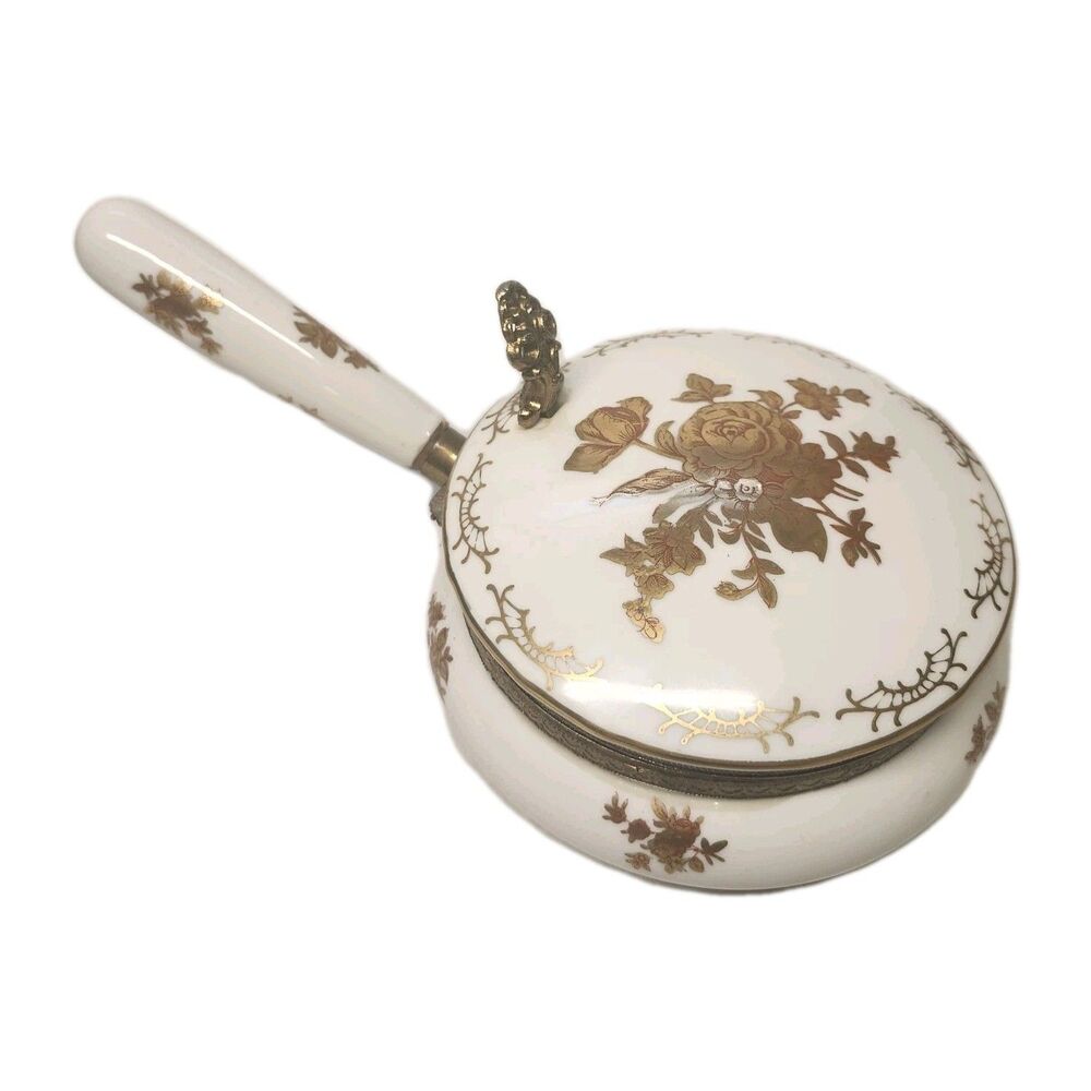 Vintage Porcelain Silent Butler Crumb Catcher White Gold Floral Rose Andrea